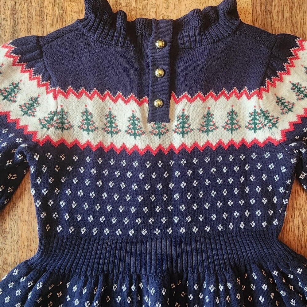 Janie And Jack Dress Girls 18-24 Months Blue Sweater Fair Isle Trees Winter Knit - Picture 4 of 15